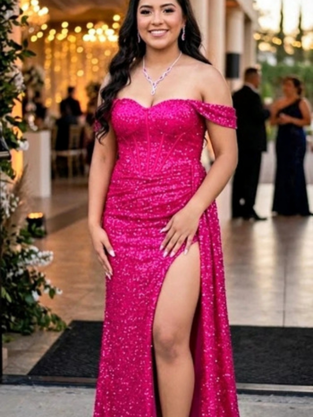 Pink Sequin Off-Shoulder Maxi Dress Like New